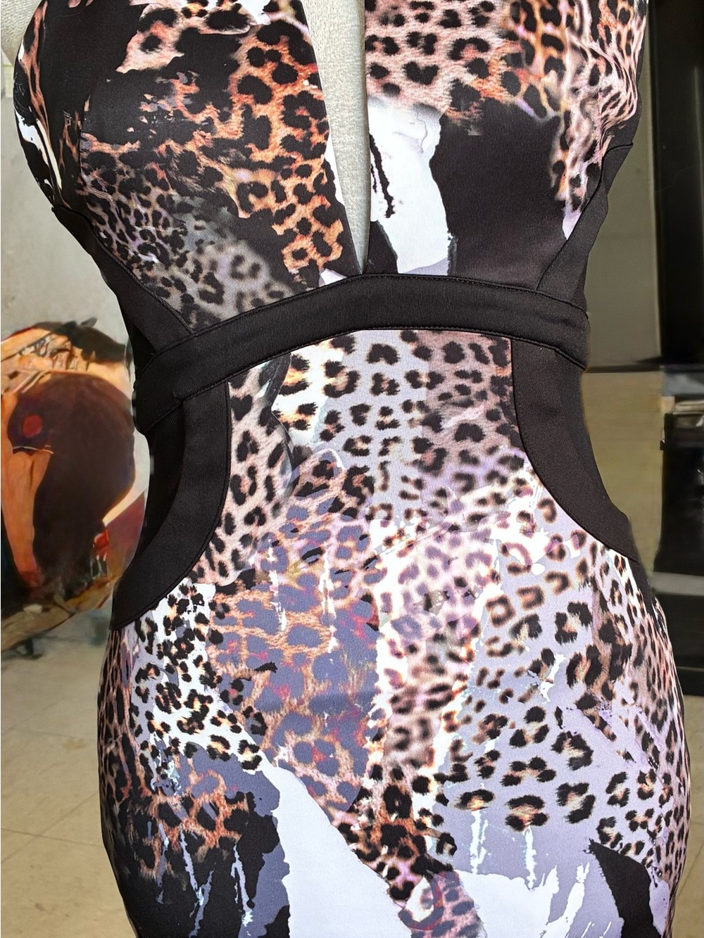bebe Leopard Print Bodycon Dress in Black, Brown, White